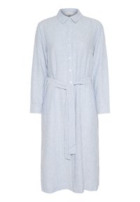 Abito a camicia a strisce in blu chiaro e bianco, con colletto, apertura frontale con bottoni, maniche lunghe e cintura annodata in vita. Tessuto in cotone.