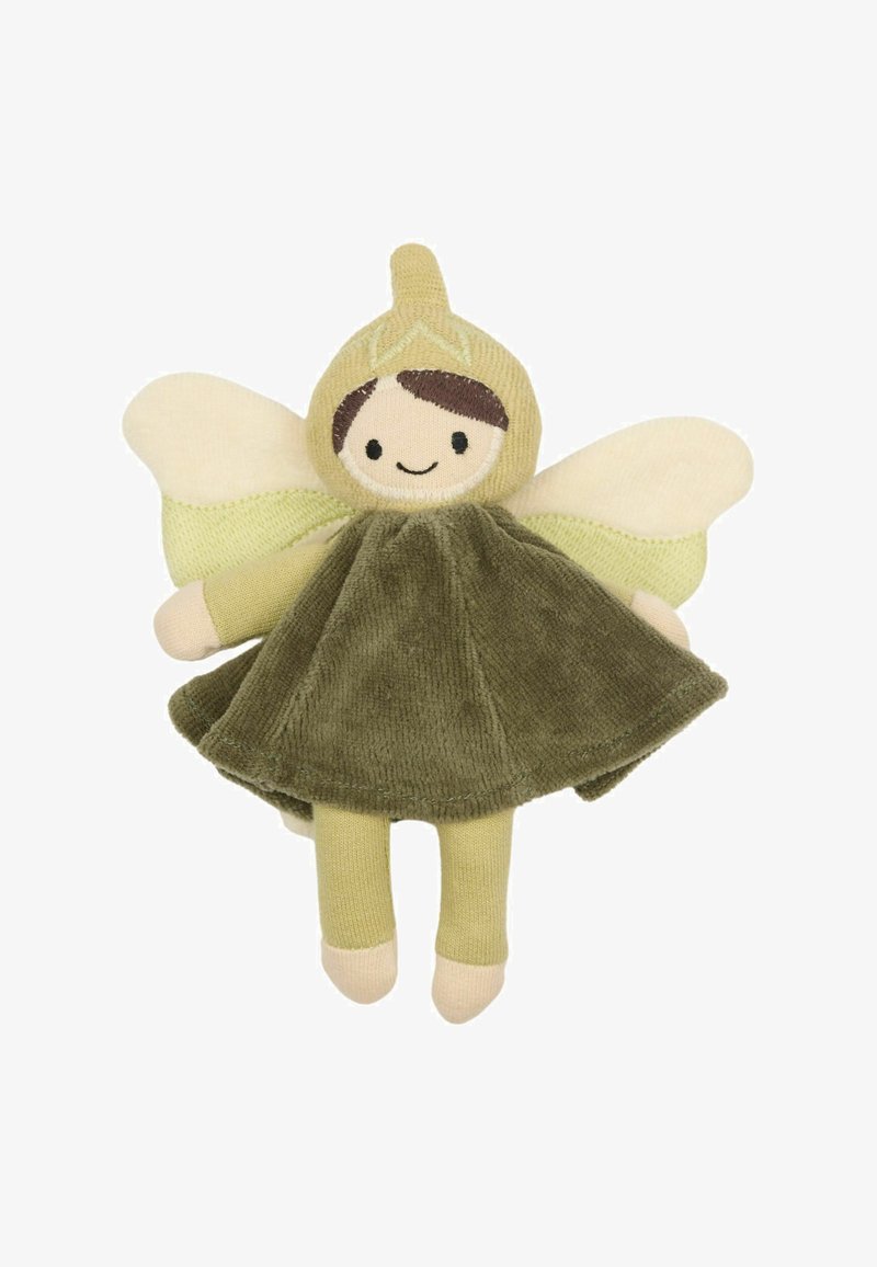 Weiche Stoffpuppe mit einem grün-cremefarbenen Farbschema, die einen runden Kopf, ein Lächeln und ein strukturiertes Kleid mit Flügeln zeigt.