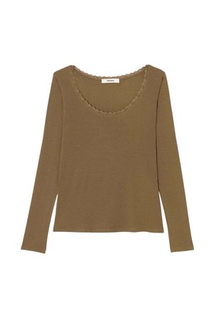 Haut à manches longues en vert olive avec un col rond et des finitions délicates en dentelle. Fabriqué dans un tissu doux et côtelé.