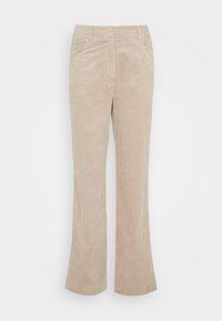 Pantalon en velours côtelé beige, à forme évasée, poches latérales et nervures texturées. Ceinture structurée avec un léger éclat.