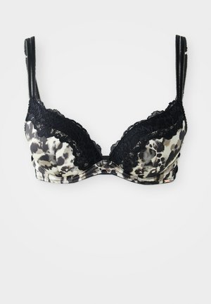 Underwire BH i svart og krem leopardmønster, med blondekant på koppene og justerbare stropper for en sikker passform.