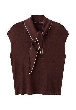 Top tricot maro cu guler înalt și detaliu cu fundă. Prezintă mâneci scurte și margine albă contrastantă de-a lungul gulerului. Textură moale.