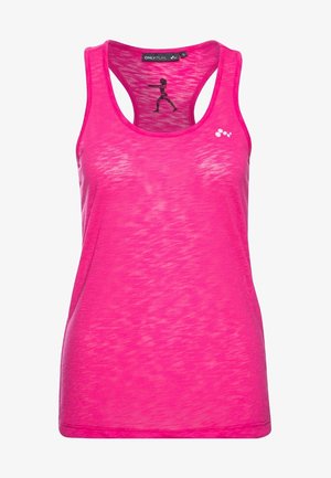 Pink athletic tank top, made of lightweight, textured fabric. Features a racerback design and a small black logo on the front.