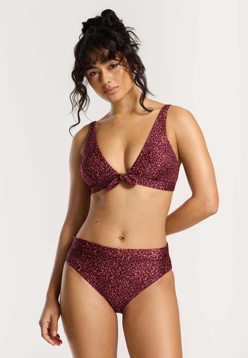 Two-piece bikini set in deep burgundy with a floral pattern. The top features a plunging neckline and a front tie detail, with high-waisted bottoms.