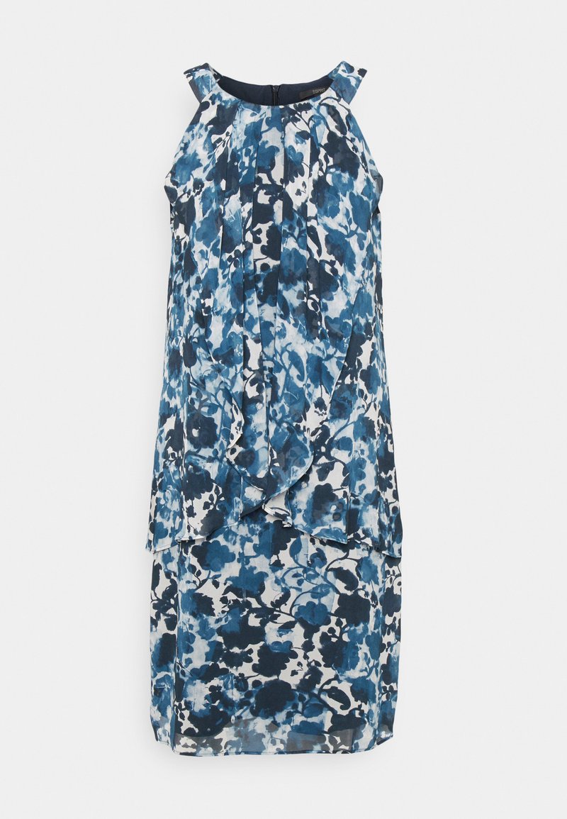 Vestido sem mangas com padrão floral em tons de azul e marinho. O tecido cai suavemente com detalhes plissados ao longo da frente.