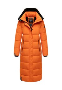 Lange oranje gestikte winterjas met capuchon met zwarte voering, voorrits, drukknoopsluitingen en zijzakken met knopfles.