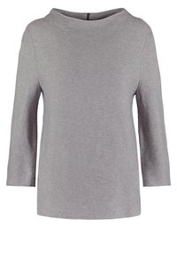 Pull en maille côtelée gris clair avec manches trois-quarts et col rond, fermeture éclair courte au dos.