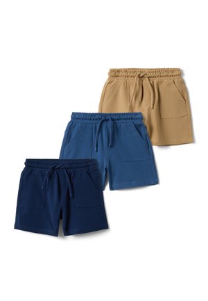 Trois paires de shorts pour tout-petits en beige, bleu moyen et bleu marine, chacun avec une taille élastique, un cordon et des poches avant.