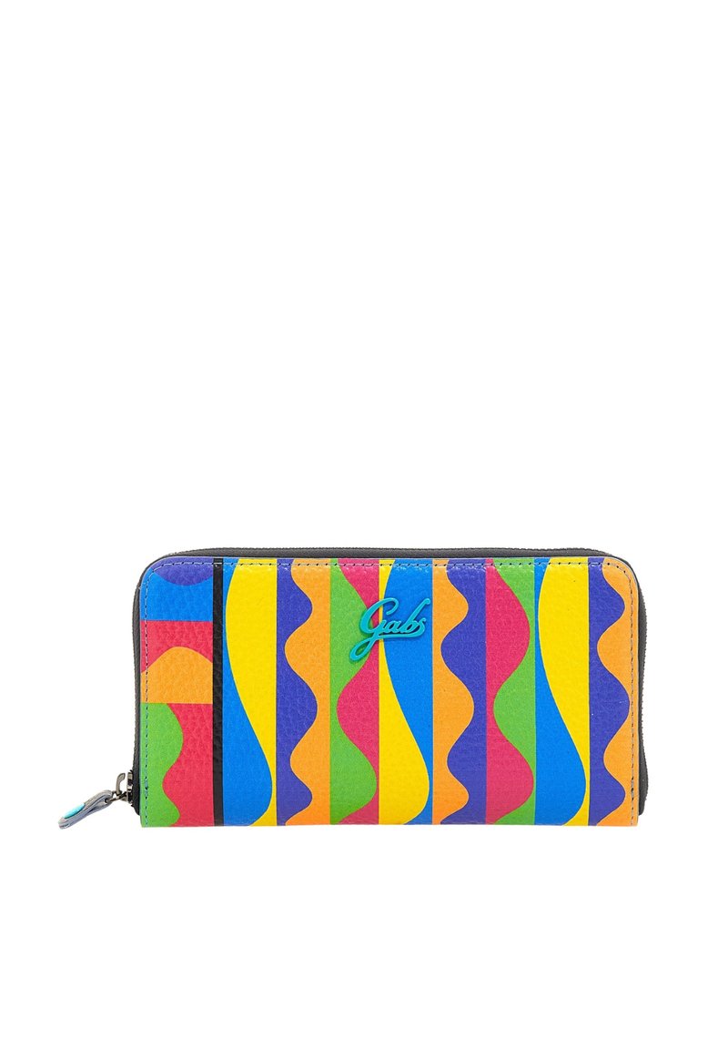 Portafoglio con zip caratterizzato da strisce ondulate multicolori in blu, giallo, verde, rosso e arancione. Presenta un logo teal. Superficie testurizzata e design rettangolare.