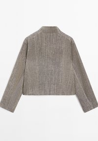 Brown cropped jacket with long sleeves, textured fabric featuring vertical stripes, and a subtle glimmer. Back view with a stand-up collar.