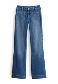 Vervaagde blauwe denim wijde pijpen jeans met een knoopsluiting, riemlussen en twee achterzakken. Soepele textuur met een klassieke vijf-pocket ontwerp.