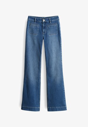 Vervaagde blauwe denim wijde pijpen jeans met een knoopsluiting, riemlussen en twee achterzakken. Soepele textuur met een klassieke vijf-pocket ontwerp.