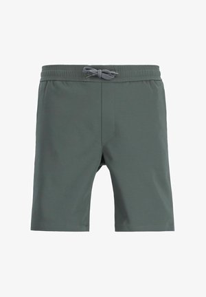 Shorts de bain vert foncé avec une taille élastique, un cordon de serrage réglable et une texture lisse. Conçus pour le confort et la polyvalence.