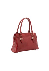 Rode leren handtas met een gestructureerde vorm, dubbele handvatten, decoratieve gespen en accenten van goudkleurig metaal. Gladde textuur met stikdetails.