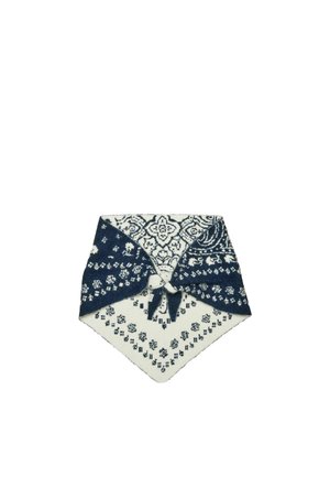 Foulard quadrato blu navy e bianco con motivi floreali e geometrici intricati, annodato al centro.
