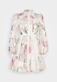 Sukienka w kwiatowy wzór z długimi bufiastymi rękawami, wysokim kołnierzem i białą koronką. Przeważają jasne kolory z różowymi i szarymi akcentami.