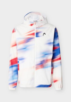 Balta rāvējslēdzēja jaka ar kapuci, ar sarkaniem, ziliem un violetiem izplūdušiem svītru rakstiem un nelielu melnu logotipu krūtīs.