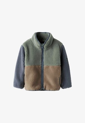 Veste en polaire avec fermeture éclair avant, col montant, manches longues ; design bicolore en vert clair, beige et gris.