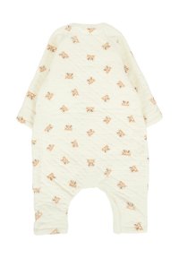 Tutina per neonati color crema con maniche lunghe, tessuto testurizzato e un motivo ripetuto di piccole facce di gatti color sabbia.