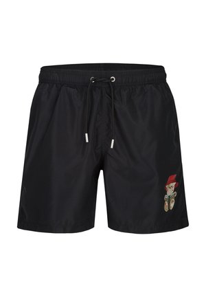 Schwarze Badeshorts mit elastischem Bund und verstellbarem Kordelzug, mit einem kleinen Teddybär mit rotem Hut am linken Bein.
