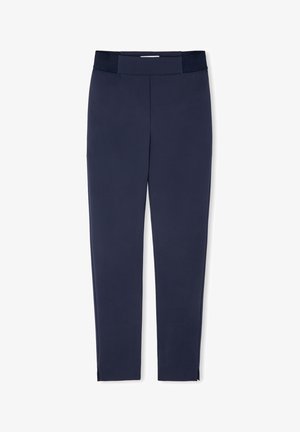 Navy blue pants with a smooth texture, tapered design, and a wide waistband. Features side slits at the hem for added detail.