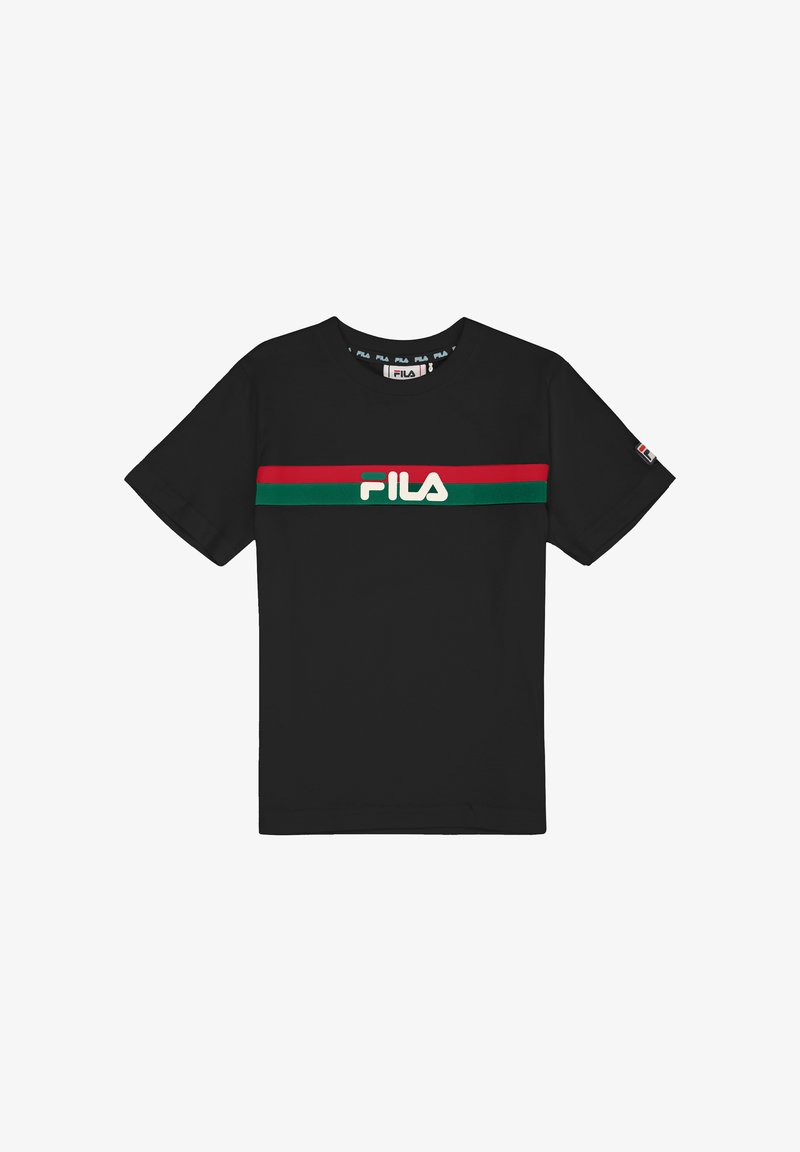 Mustat puuvillapaita, jossa on punainen ja vihreä vaakasuora raita sekä valkoinen Fila-logo rinnan kohdalla; lyhyet hihat ja pyöreä kaula-aukko.