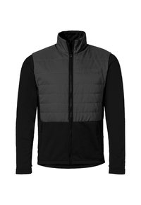 Schwarz-graue Jacke mit einem Reißverschluss an der Vorderseite, hohem Kragen, gestepptem Oberteil und elastischen Bündchen. Hergestellt aus weichen, flexiblen Materialien.