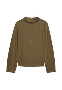 Blouse longue à manches longues de couleur vert olive avec col montant et couture centrale visible, équipée d'une petite fermeture éclair au dos.