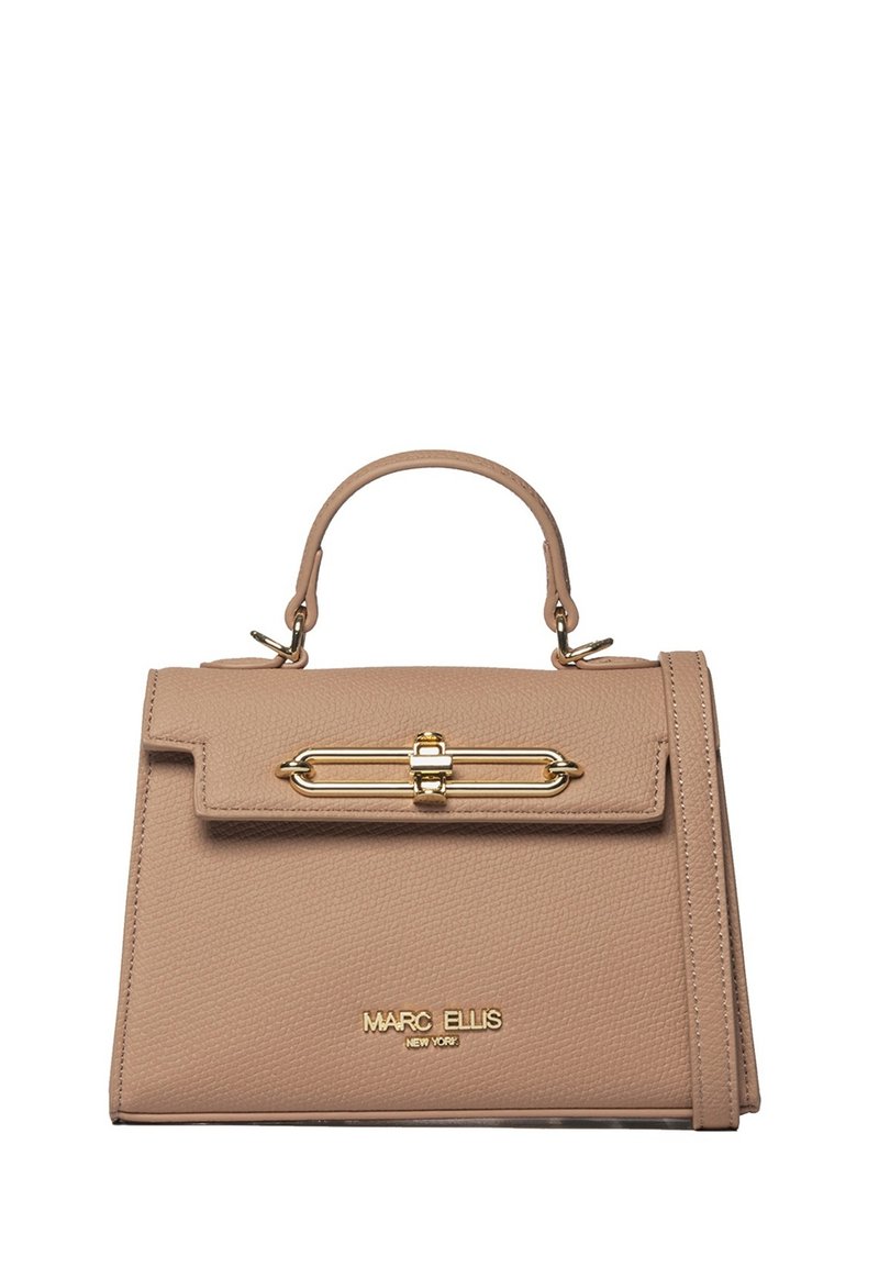 Borsa a mano in pelle beige con design strutturato. Dotata di manico superiore, accessori in oro e dettaglio con chiusura frontale. Logo del marchio sulla parte anteriore.