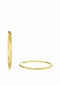 Guldörhängen i hoops, cirkulär form, slät glänsande yta, polerad finish, med en enkel loopstängning, minimalistisk design.