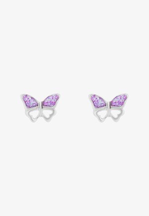 Boucles d'oreilles en argent en forme de papillon avec des accents de paillettes violettes sur les ailes. Présente un design ajouré avec des bords lisses et une construction légère.
