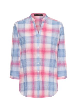 Camicia a quadri in misto cotone con scollatura a V, maniche a tre quarti e un mix di quadrati rosa e blu con accenti bianchi.
