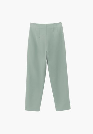 Pantaloni a vita alta e gamba dritta in morbido verde salvia con pieghe sul davanti, realizzati in tessuto liscio.