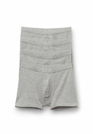 Boxers en coton gris empilés horizontalement, présentant une ceinture douce et une braguette fonctionnelle. Design uni, sans motifs.