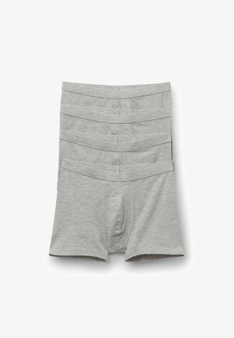 Boxers en coton gris empilés horizontalement, présentant une ceinture douce et une braguette fonctionnelle. Design uni, sans motifs.