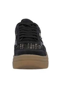 Black sneaker with textured upper, featuring a mix of smooth and woven materials, black laces, and gum rubber sole. Front view.