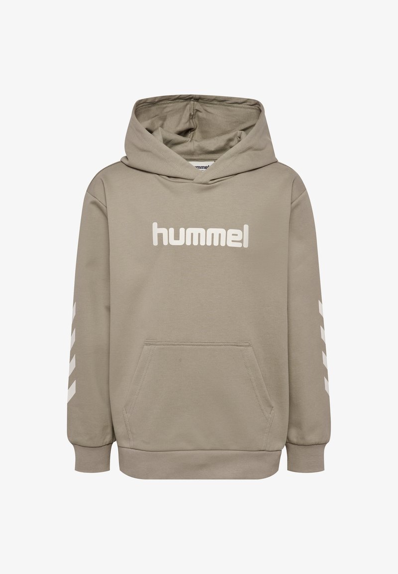 Beżowa bluza z kapturem z przednią kieszenią, białe logo "hummel" na piersi oraz białe paski w kształcie szewronu na obu rękawach.