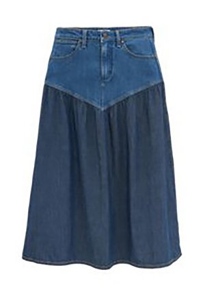 Denim-Midirock mit schmalem Bund, vorderer Knopfleiste und Reißverschluss, zwei Vordertaschen und gesammeltem Stoff unter einem V-förmigen Passe.