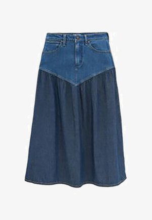 Denim midi skirt with fitted waistband, front button and zipper, two front pockets, and gathered fabric below a V-shaped yoke.