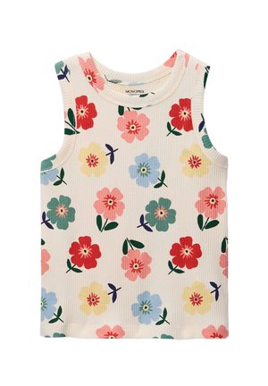 Débardeur blanc côtelé sans manches avec un motif floral coloré en rouge, rose, jaune, bleu et feuilles vertes dispersées sur le tissu.