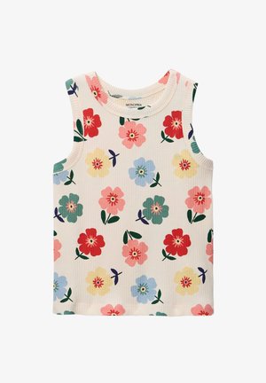 Débardeur blanc côtelé sans manches avec un motif floral coloré en rouge, rose, jaune, bleu et feuilles vertes dispersées sur le tissu.