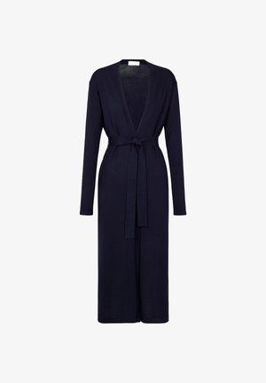 Marine lange cardigan gemaakt van zachte stof, met een diepe V-hals, lange mouwen en een tailleband voor een verstelbare pasvorm.