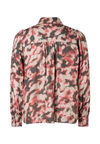 Blouse à manches longues avec un design à motifs en rose, noir et beige. Dotée d'un col, de manchettes à boutons et d'un dos plissé pour plus de détails.