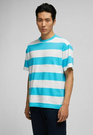 Gestreept t-shirt in turquoise en witte katoen, korte mouwen, ronde hals, met een gestructureerde stof en een klein logo op de borst.