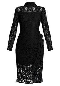 Robe en dentelle noire avec des manches longues, un col haut, un motif complexe, un accent volanté sur le côté et des détails en dentelle transparente à l'ourlet.