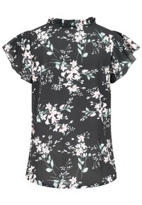 Blouse noire à manches courtes avec imprimé floral blanc et rose, col montant volanté et détails sur les manches papillon.
