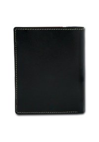 Black leather wallet with white stitching, rectangular shape, smooth texture, featuring rounded corners and no visible hardware or patterns.