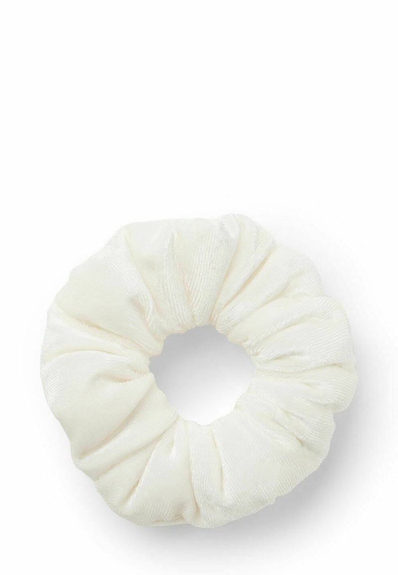 Bílá gumička do vlasů z měkké, strukturované látky, se sešitým designem ve tvaru kruhu a elastickým vnitřkem pro úpravu vlasů.