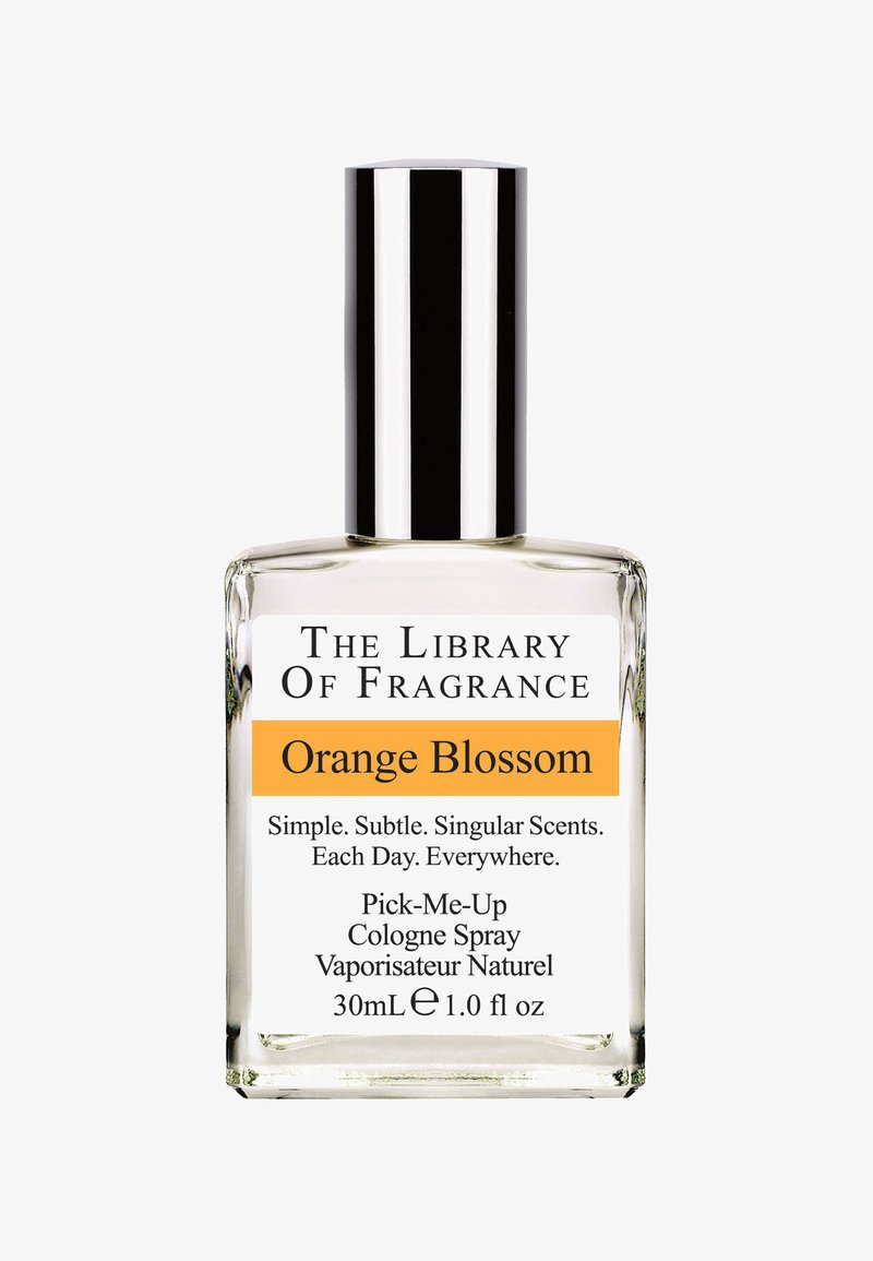 Bottiglia di vetro trasparente con un cappuccio metallico argentato. L'etichetta presenta un testo nero e arancione, che indica "Orange Blossom" e "Pick-Me-Up Cologne Spray." 30 mL.