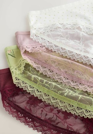 Wit met groene stippen, zacht roze, lichtgroen met bloemmotief, en diep bordeauxrood kantoe trim. Geweven kantaccenten.